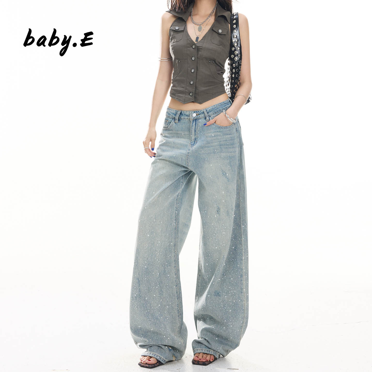 Baby.E满天星烫钻阔腿牛仔裤女图片