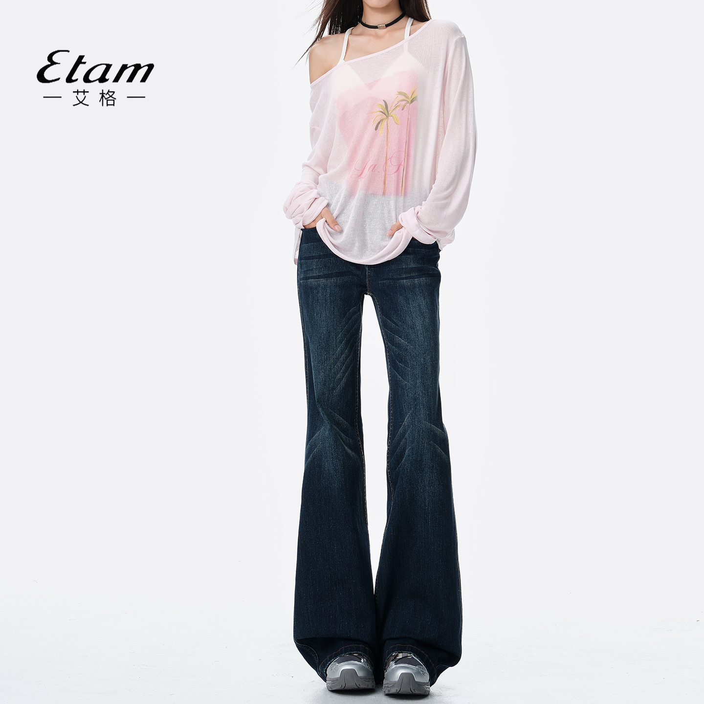 艾格Etam双扣低腰微喇牛仔裤女秋冬加绒辣妹不贴腿喇叭马蹄拖地裤