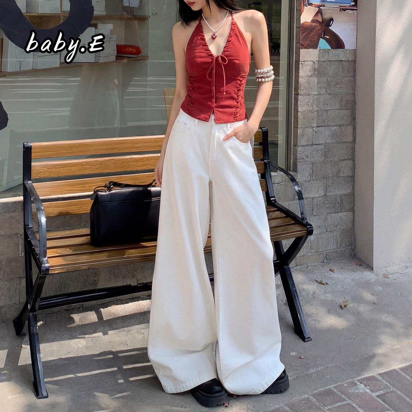 Baby.E极简女主风白色阔腿牛仔裤