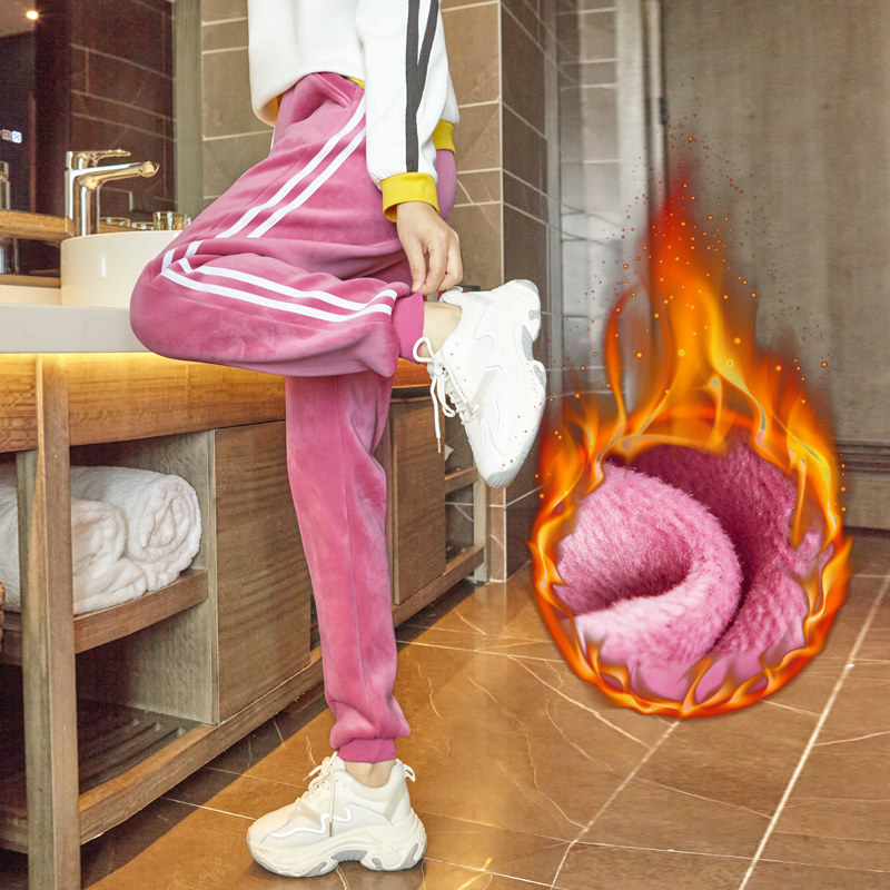 新款金丝绒运动裤女春秋冬加绒加厚高腰宽松显瘦休闲裤束脚卫裤子