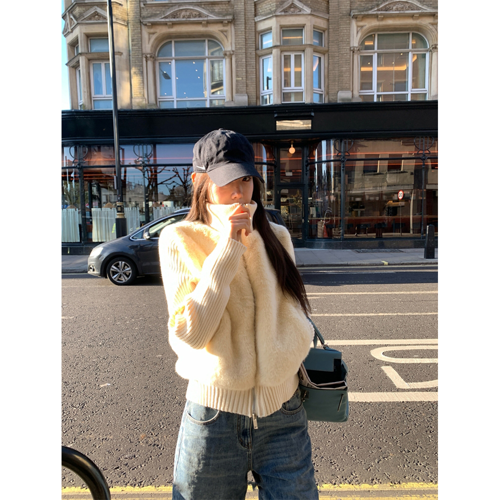 涩谷来电复古针织拼接短款皮草