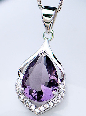 龙瑞韩时尚银项链水滴形吊坠紫水晶吊坠项链锁骨链银配饰批发货源