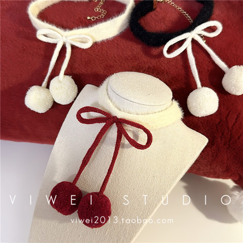 甜美毛绒绒酒红蝴蝶结锁骨链