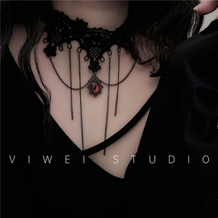 Choker」复古暗黑链条流苏朋克亚文化洛丽塔蕾丝锁骨链女 「Goth