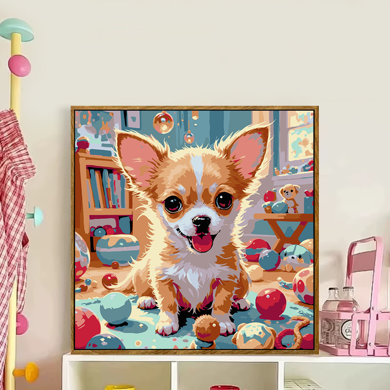 动物数字油画diy手工填色油画卡通涂色油彩画儿童房小吉娃娃犬狗