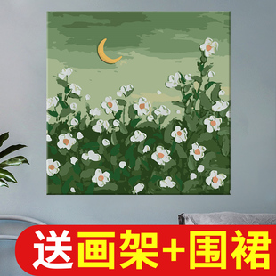 装 手工客厅卧室填充数字油画涂色油彩画手绘月下小白花 饰画diy