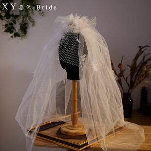 喜优新款仙气手工花朵新娘画艺浪漫港风头纱旅拍婚纱跟妆头饰配饰