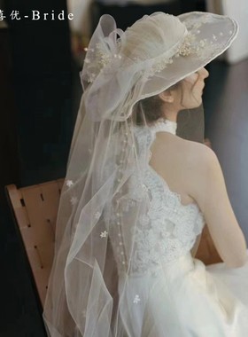 喜优原创新品白色花枝连纱新娘优雅法式大花帽拍照婚纱礼服样片帽