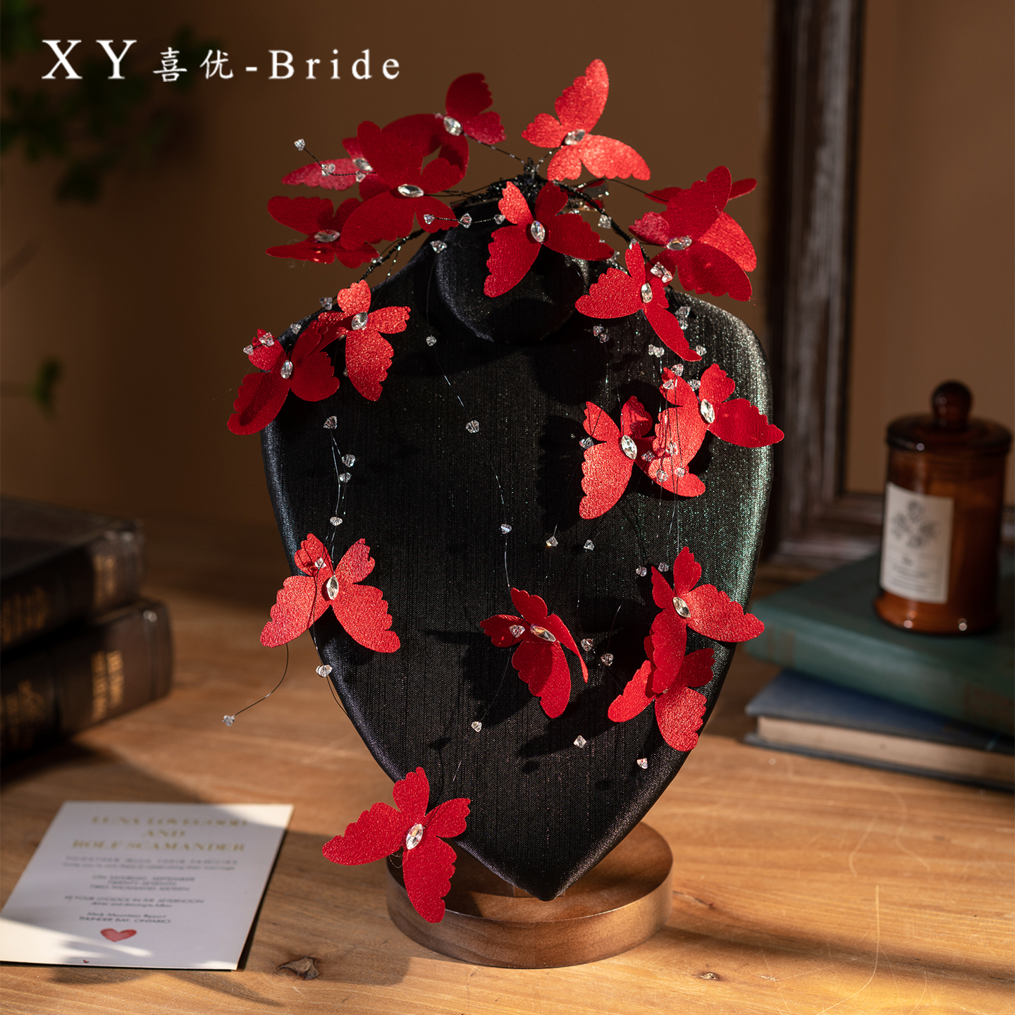 新款酒红色蝴蝶水晶边头饰韩式甜美发饰敬酒晚礼服宴会减龄发饰