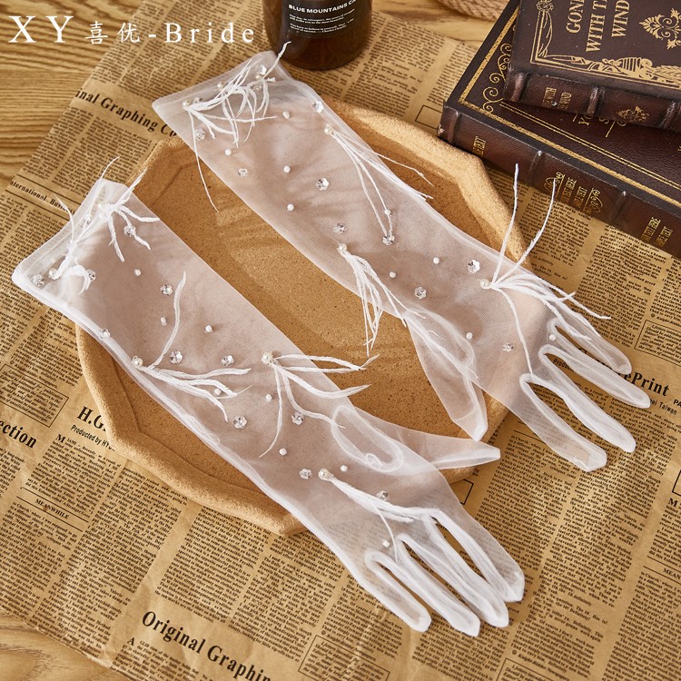 仙气灵动闪亮羽毛柔纱新娘手套