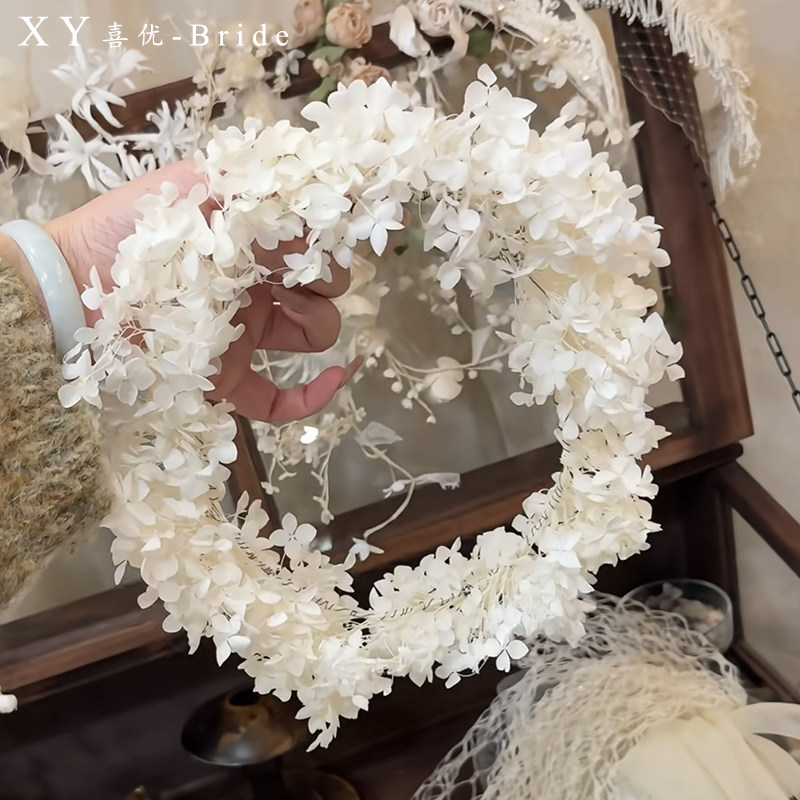 白色永生花朵花环新娘公主风写真头饰仙气森系婚纱造型配饰品大气