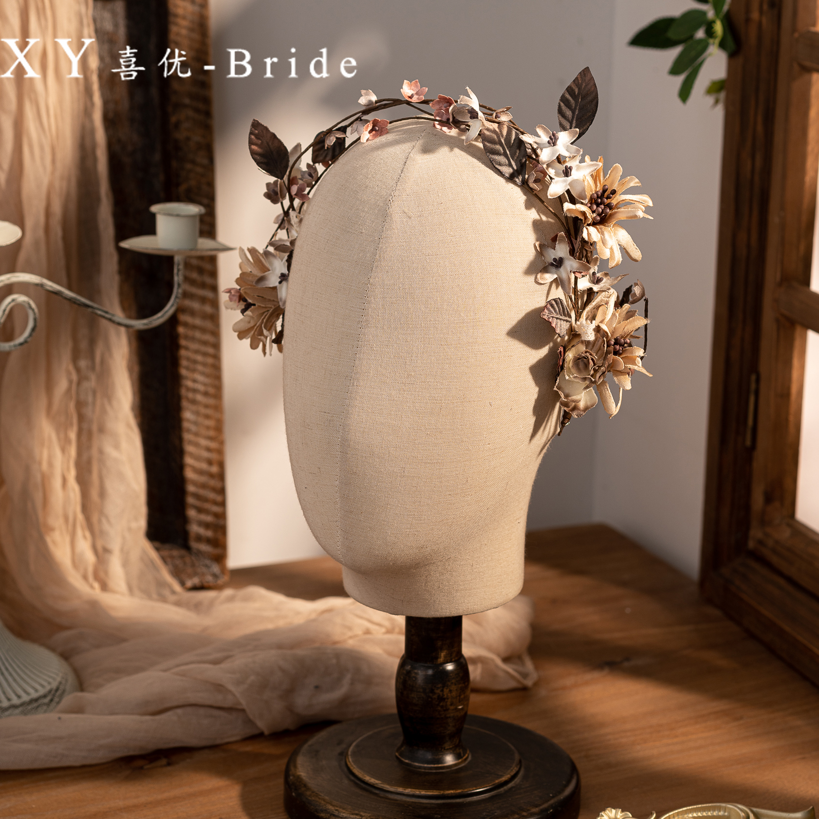森系新娘婚纱花朵花环复古油画风头花超仙头饰结婚拍照配饰女大气