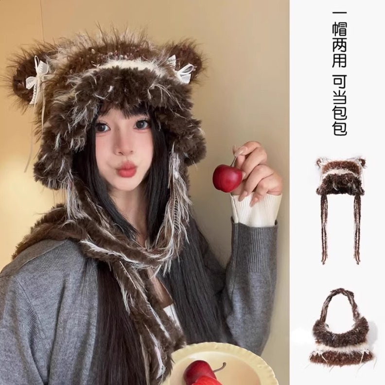 甜美条纹拼接保暖针织毛线帽子女新款蝴蝶结加厚花瓣帽檐护耳帽女