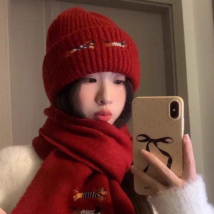 韩版可爱腊肠狗毛线帽女冬季潮流百搭帽子围巾两件套保暖针织围脖