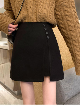 毛呢黑裙a字裙半身裙女秋冬大码