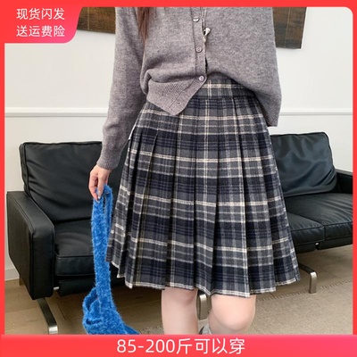 毛呢百褶裙大码格子半身裙女秋冬