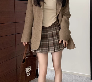 毛呢格子大码半身裙女秋冬胖mm百褶裙美拉德高腰a字裙配毛衣半裙