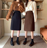 毛呢半身裙女秋冬大码 中长款 a字开叉百搭遮胯咖啡色胖mm一步长裙