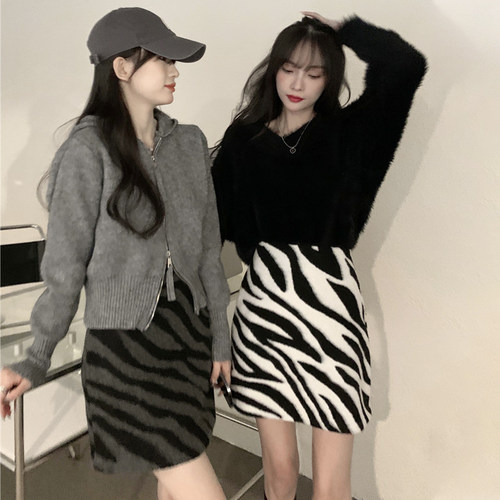 秋冬新品毛呢斑马纹大码半身裙女