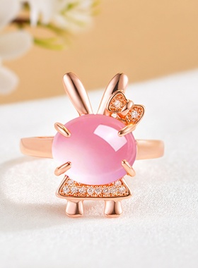 女童可爱兔子造型粉色宝石儿童戒指女铜镀金镶钻开口调节时尚饰品