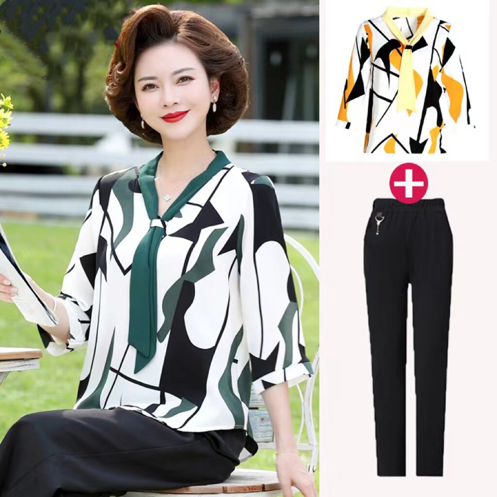 中年妈妈夏装套装洋气短袖雪纺T恤2023新款中老年女装小衫上衣两