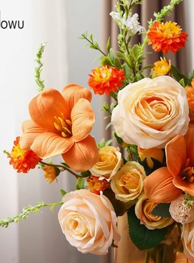 ins原创手扎花束秋黄色仿真花轻奢高端法式复古餐桌插花假花摆设