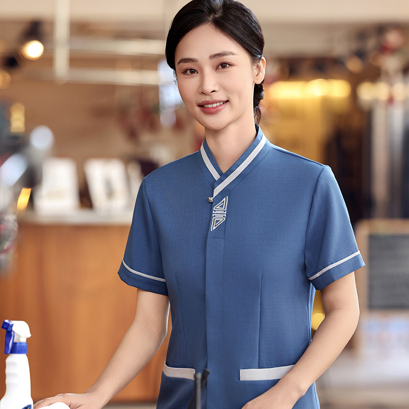 酒店工作服短袖夏季女蓝色翻领修身透气物业免费定制保洁员制服