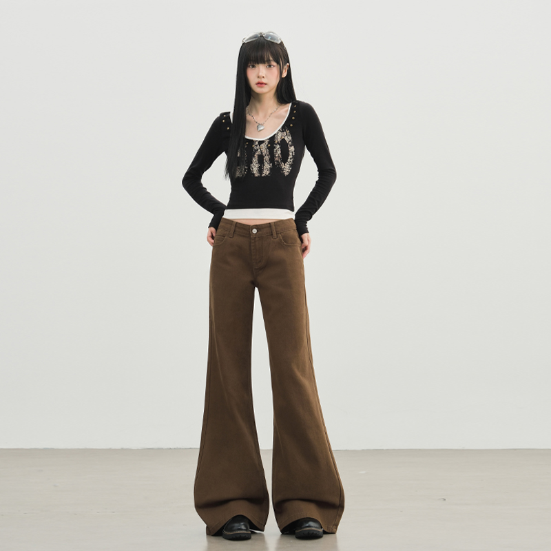 美式复古美拉德棕咖色微喇牛仔裤女秋冬新款辣妹低腰显瘦显高长裤