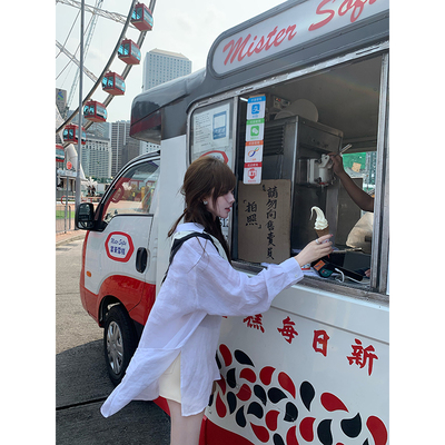 With 99jiu【漫步港岛】亚麻白色衬衫女宽松防晒衬衣带丝巾披肩