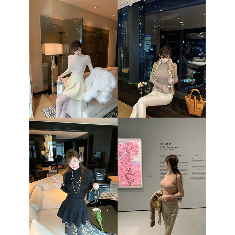 With 99jiu【百搭王者】纯色柔软高领针织打底衫修身显瘦内搭上衣