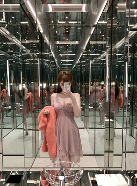 With 99jiu【粉黛丽丝】古早吊带连衣裙女气质v领镶钻粉色吊带裙