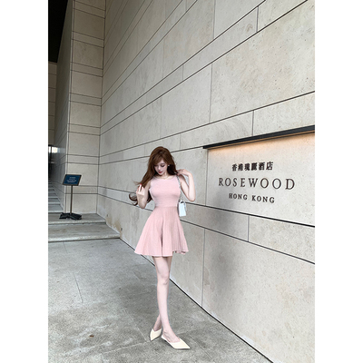 With 99jiu【沁粉佳人】粉色连衣裙女少女减龄针织a字裙