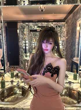 With 99jiu【黑玫蜜约】气质蕾丝拼接吊带连衣裙修身性感内搭短裙