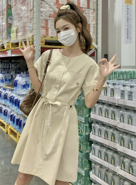 韩系腰带杏色短袖简约连衣裙女2026新款小个子显瘦显高清新a字裙