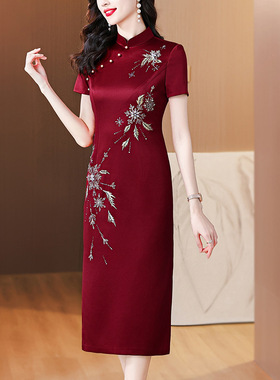 nrm7921重工绣花酒红色礼服裙2026夏季新款气质优雅修身连衣裙女