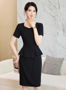 夏季职业装连衣裙短袖女士酒店前台礼仪接待工装背心裙修身假两件