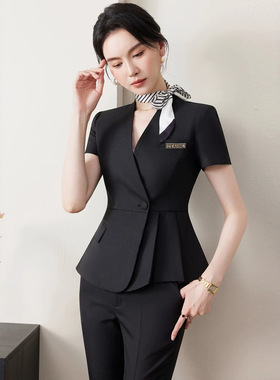 高端短袖西装套装女夏职业时尚潮流女装外套V领单排扣防皱工作服
