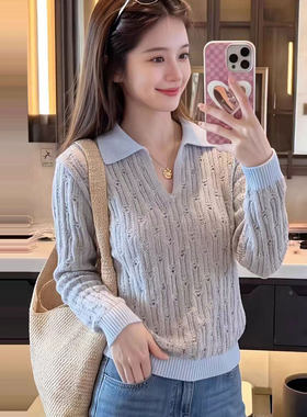 宽松型套头翻领拼色女士毛衣秋季新款百搭针织镂空打底衫长袖上衣