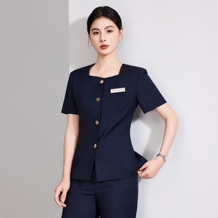 深蓝色短袖西装套装女士新款夏季高端酒店职业套裙制服珠宝工作服