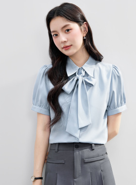 蓝色短袖雪纺衬衫女夏2026薄款教资面试扣子翻领正装职业白衬衣
