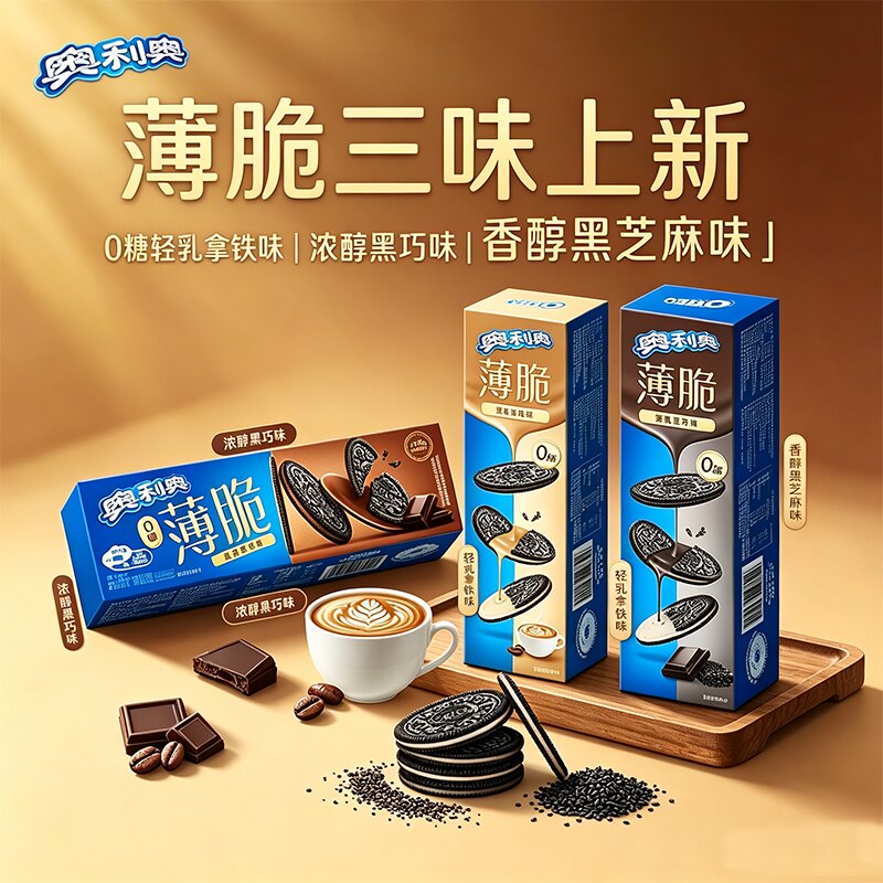 奥利奥0糖浓香黑巧清乳拿铁薄脆夹心饼干低糖黑芝麻味夹心饼干62g