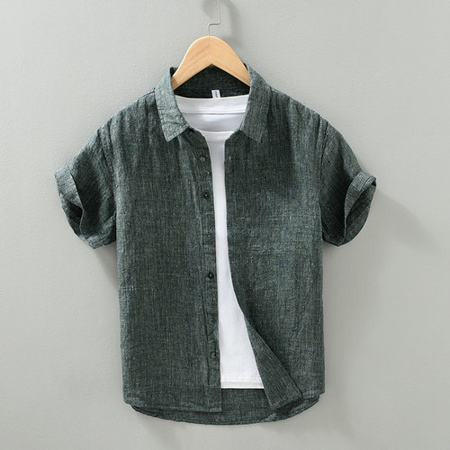 100%亚麻男士短袖休闲衬衫