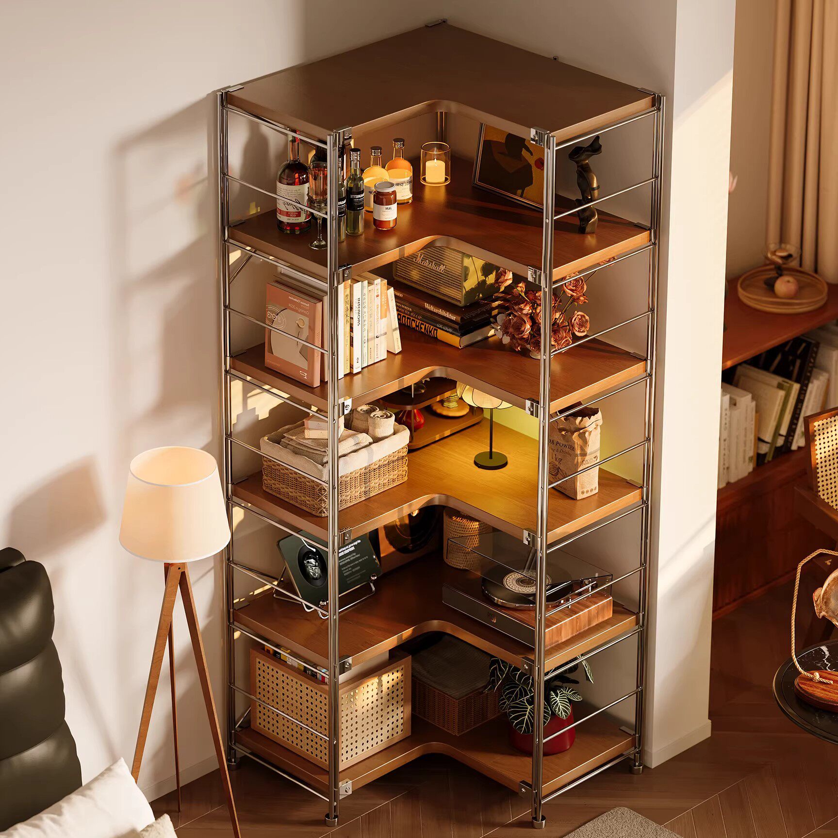 转角置物架落地光轴卧室收纳柜子储物柜一体靠墙边书柜拐角展示架