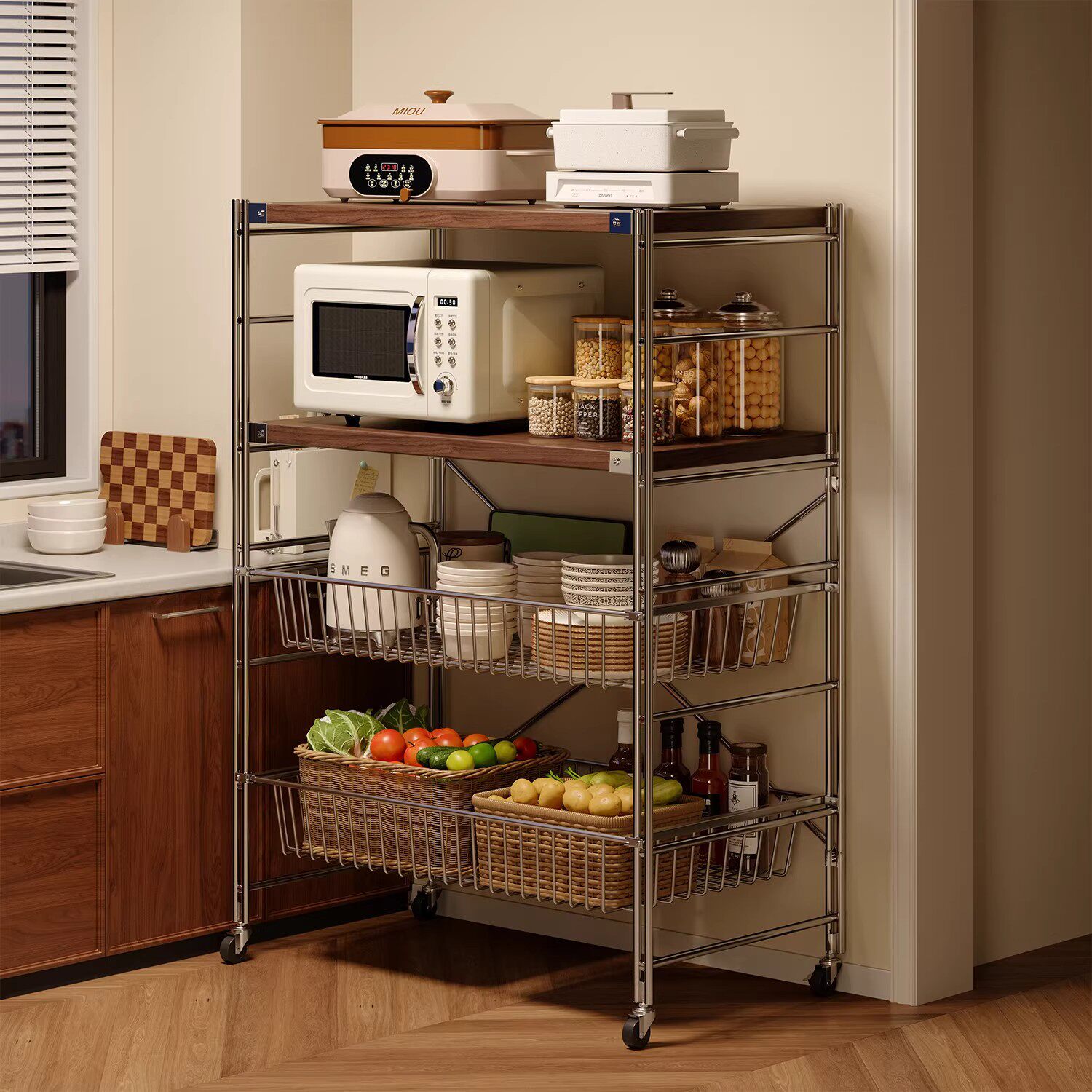 厨房置物架落地多层抽拉式蔬菜架可移动小推车多功能微波炉收纳架