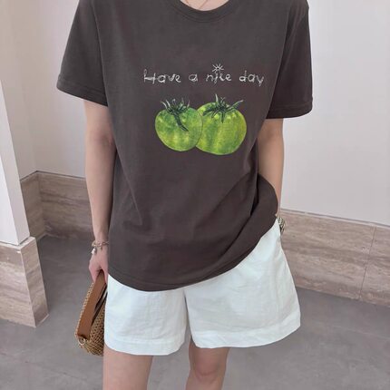 高品质天丝棉刺绣字母青番茄短袖