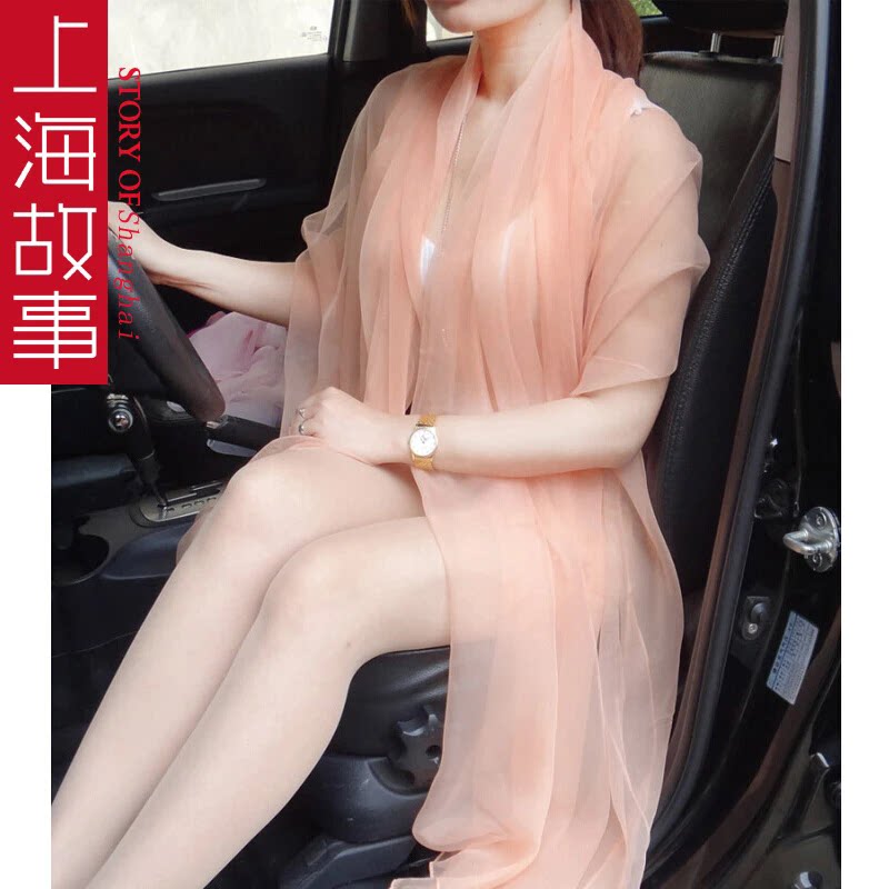 上海故事丝巾女春夏长款薄款冰丝丝巾海边沙滩巾空调披肩纯色纱巾