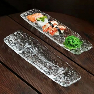 轻奢冰露玻璃寿司盘长条椭圆透明冰纹盘手工复古日式蘸料碟料理盘