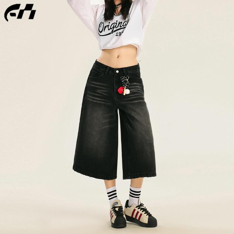 美式复古黑色七分裤女夏2025新款水洗做旧宽松阔腿辣妹牛仔中短裤