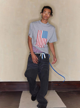 FSG 深灰色做旧宽松猫须百搭牛仔长裤