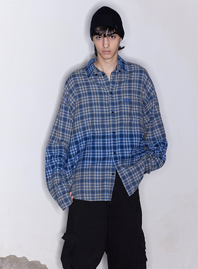 FSG 洗水褪色磨毛蓝格纹廓形衬衫